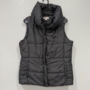 Coldwater Creek Women's Puffer Vest Quilted Funnel Neck Black Speckled‎ Print M